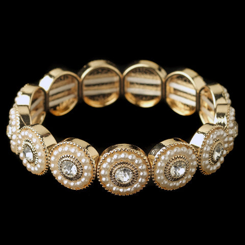 Gold Ivory Pearl & Clear Rhinestone Stretch Bridal Wedding Bracelet 295