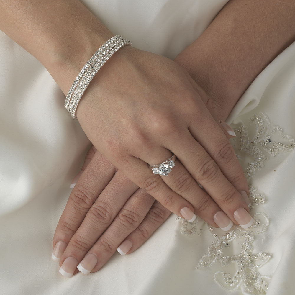 Silver Clear 3 Row Coil Bridal Wedding Bracelet B 399