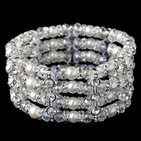 Silver White Pearl, AB Swarovski Crystal & Clear Rhinestone 4 Row Stretch Bridal Wedding Bracelet 4107