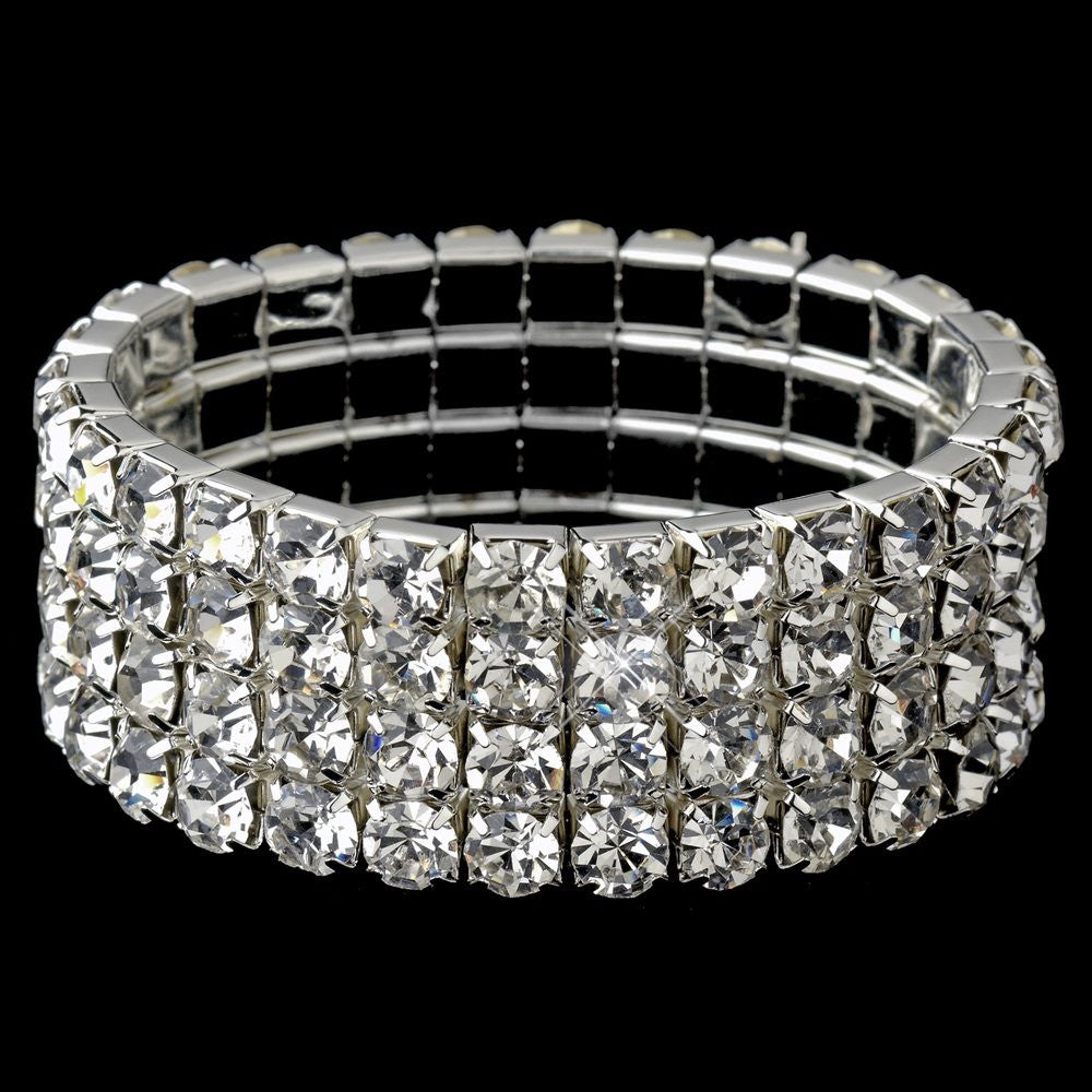 Four Row Rhinestone Covered Stretch Bridal Wedding Bracelet in Silver 4154