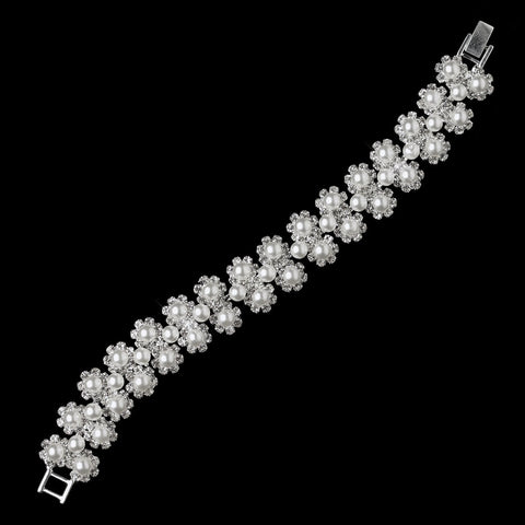 Silver Rhinestone & White Pearl Floral Bridal Wedding Bracelet 4968