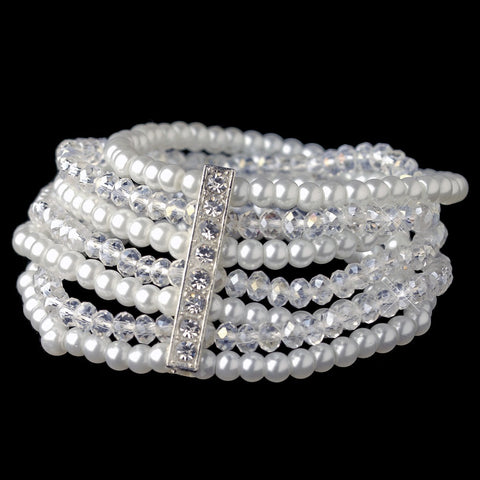 Silver Multi 7 Strand White Pearl & Light AB Swarovski Crystal Stretch Bridal Wedding Bracelet 4983