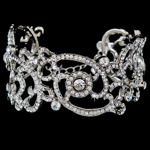 Antique Silver Clear Rhinestone Bangle Bridal Wedding Bracelet 7195