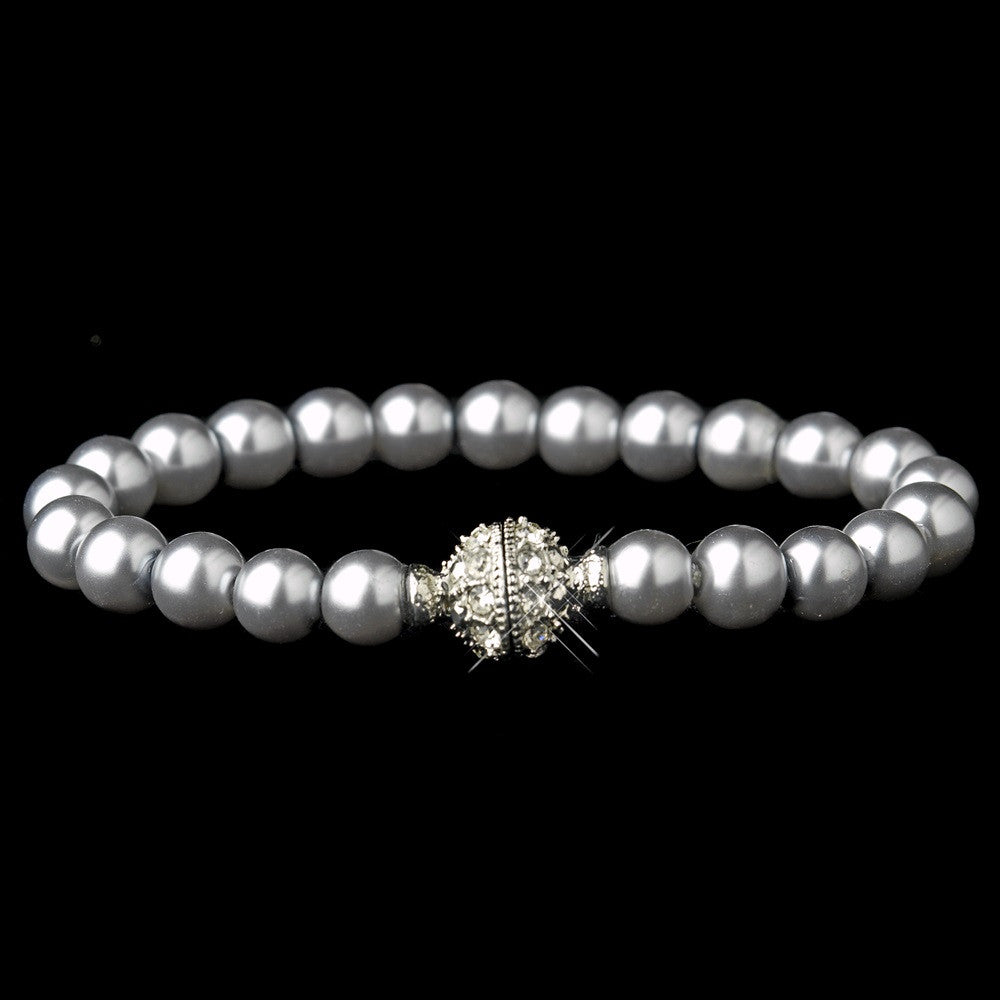 Grey Glass Pearl Pave Ball Bridal Wedding Bracelet 720