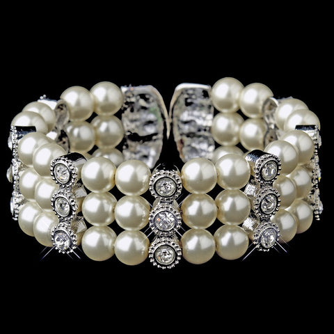 Antique Silver Ivory Pearl & Rhinestone Bridal Wedding Cuff Bridal Wedding Bracelet 721