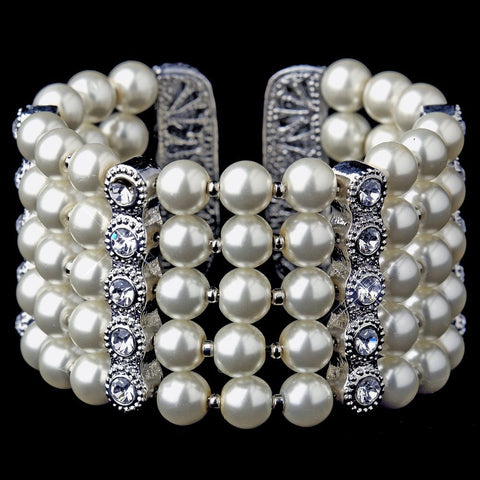Antique Silver 5 Row Ivory Pearl & Rhinestone Cuff Bridal Wedding Bracelet 722