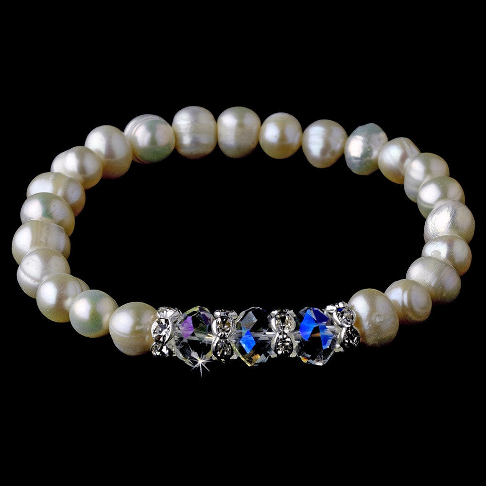 Silver Ivory Pearl & AB Crystal Bridal Wedding Bracelet 7235