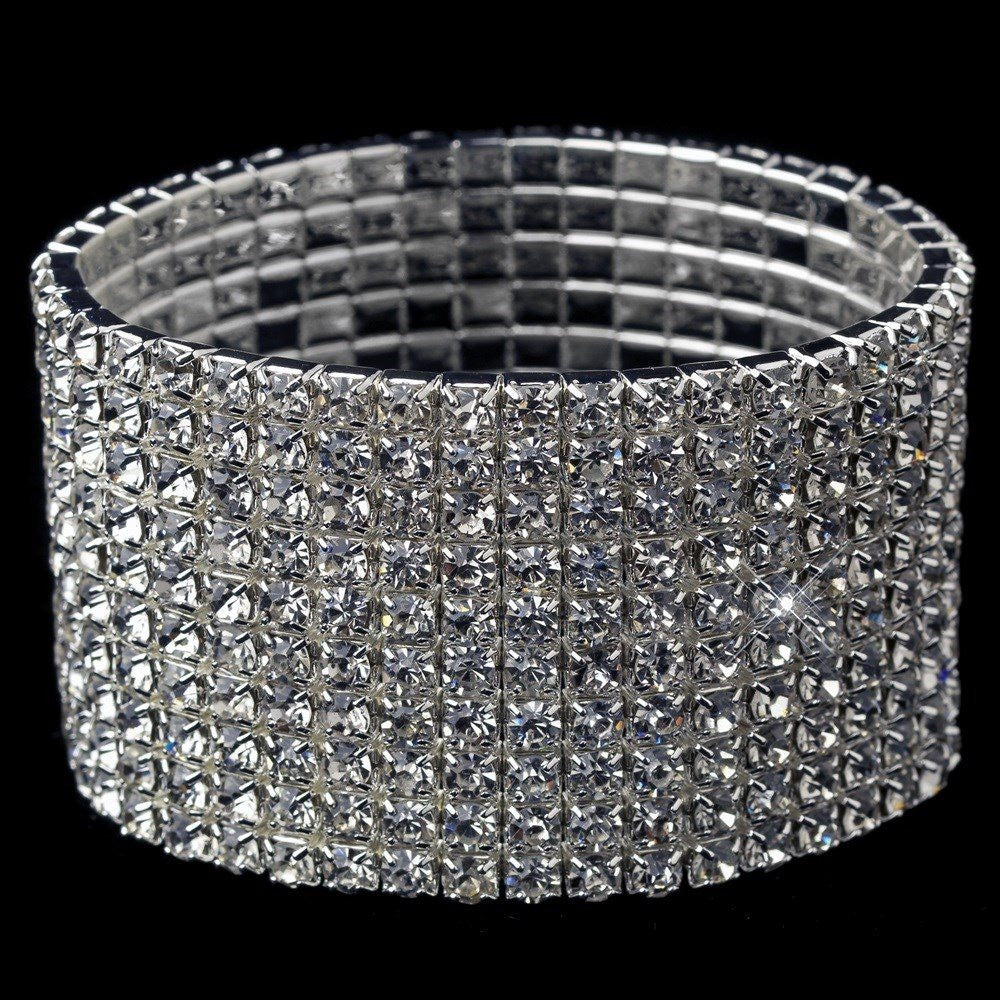 10 Row Silver Clear Rhinestone Stretch Bridal Wedding Bracelet 7416