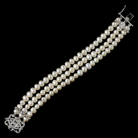 Antique Rhodium Silver 3 Row Ivory Pearl CZ Bridal Wedding Bracelet 7418