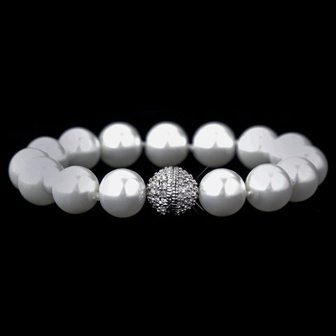 Antique Silver White 12mm Pearl Knotted Bridal Wedding Bracelet 7500 with CZ Pave Ball Twist Clasp