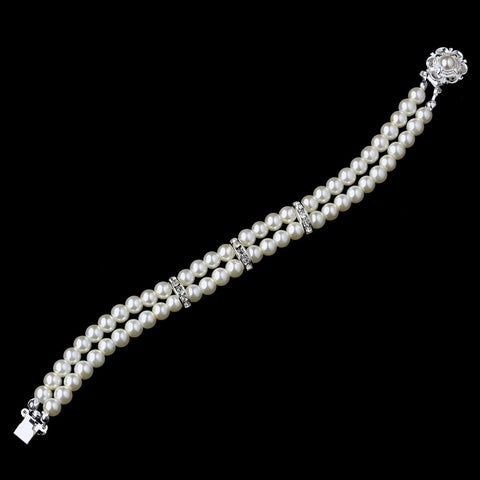 Double Strand Pearl & Clear Rhinestone Bridal Wedding Bracelet 7570