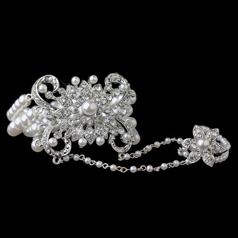 Rhodium White Pearl & Rhinestone Floral Great Gatsby Stretch Bridal Wedding Bracelet & Bridal Wedding Ring 76001