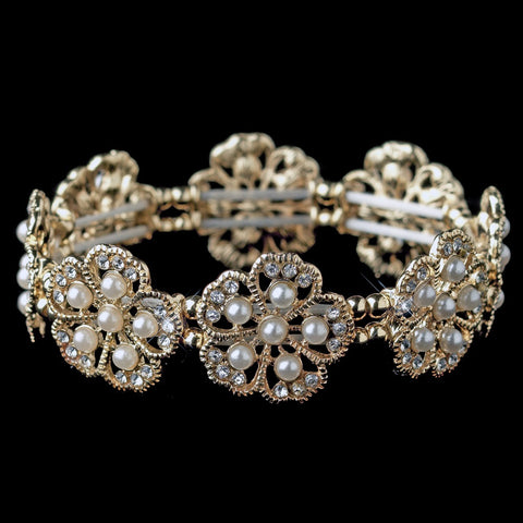 Gold Ivory Floral Rhinestone & Pearl Bridal Wedding Bracelet 76002