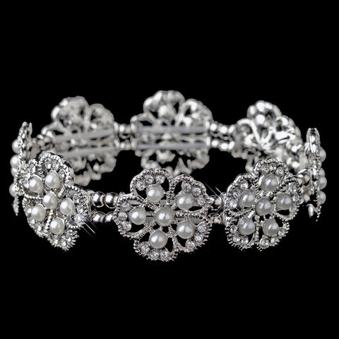 Rhodium White Pearl Floral Rhinestone Bridal Wedding Bracelet 76002