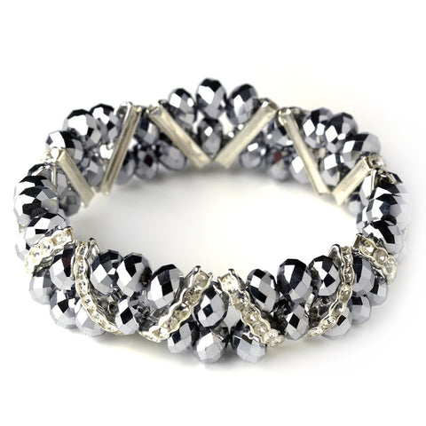 Silver w/ Silver Hematite Double Crystal Line Bridal Wedding Bracelet 7616