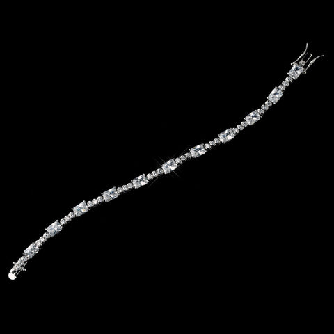 Antique Rhodium Silver Clear Princess Cut & Round CZ Crystal Alternating Bridal Wedding Bracelet 7705