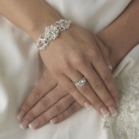 Silver Plated Bridal Wedding Bracelet Adorn in Ivory Pearls & Vintage Rhinestone Embellishments B 7844