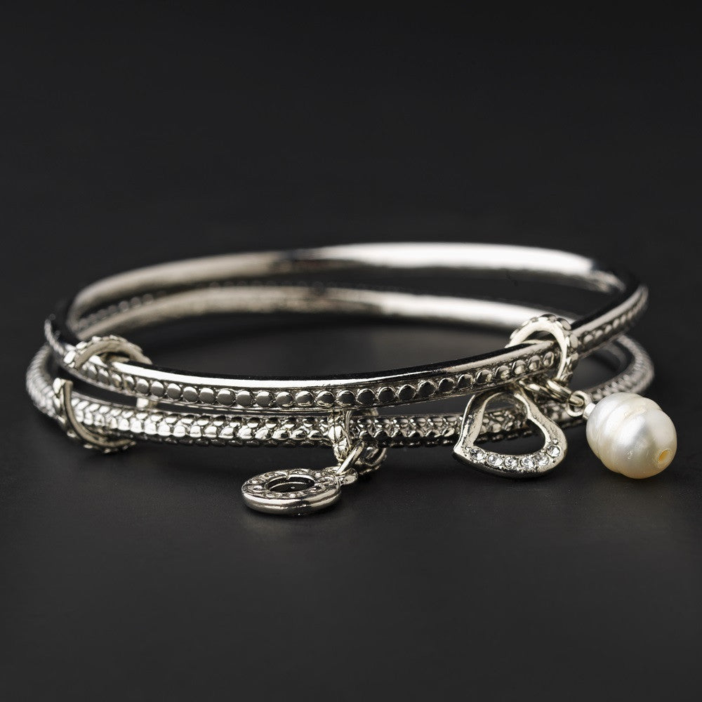 Silver Bangle with Heart & Pearl Charm Designer Inspired Bridal Wedding Bracelet B 7977