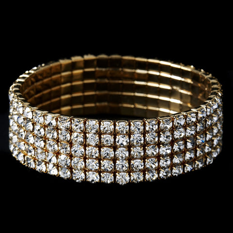 Fabulous Gold 5 Row Clear Rhinestone Stretch Bridal Wedding Bracelet 8015