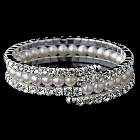 Stunning Silver Rhinestone & Pearl Coil Bridal Wedding Bracelet 81094