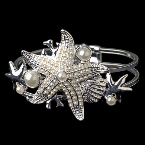 Silver Diamond White Pearl Beach Shell Starfish Bangle Bridal Wedding Bracelet 82029