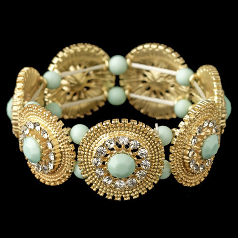 Gold Mint Green Stone & Clear Rhinestone Stretch Bridal Wedding Bracelet 82043