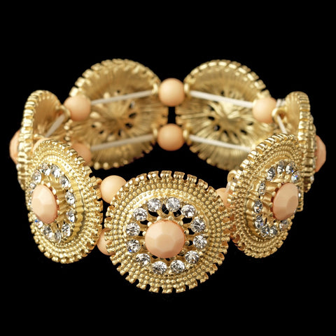 Gold Peach Stone & Clear Rhinestone Stretch Bridal Wedding Bracelet 82043