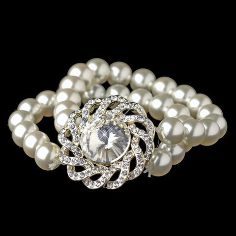 Gold Ivory Pearl & Swirl Rhinestone Stretch Bridal Wedding Bracelet 82055