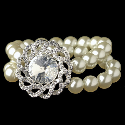 Silver Diamond White Pearl & Swirl Rhinestone Stretch Bridal Wedding Bracelet 82055
