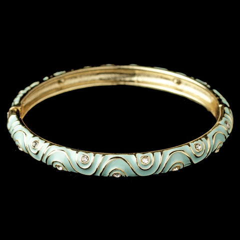 Gold Aqua Enamel Swirl & Rhinestone Bangle Bridal Wedding Bracelet 82063