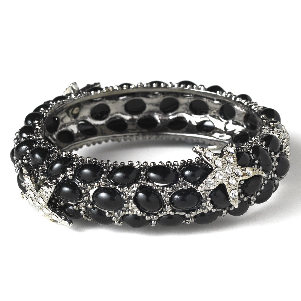 Black Pearl Enamel Bangle Bridal Wedding Bracelet with Rhinestone Starfish Embellishments 8335