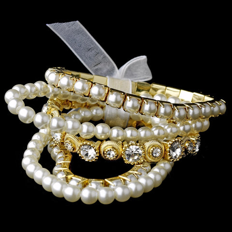 Vintage 5 Strand Gold Pearl & Rhinestone Bridal Wedding Bracelet Set 8459