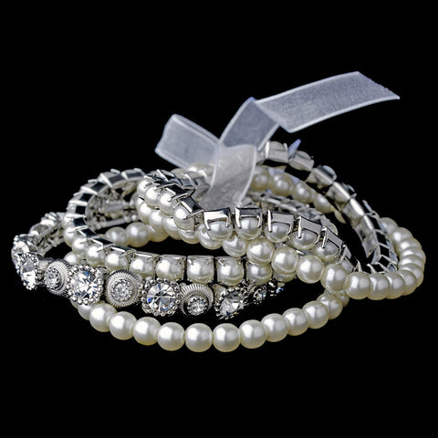 Vintage 5 Strand Silver Pearl & Rhinestone Bridal Wedding Bracelet Set 8459
