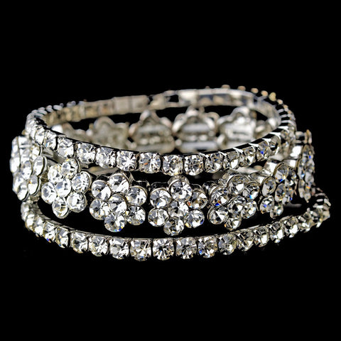 Dazzling Triple Strand Silver Clear Rhinestone Stretch Bridal Wedding Bracelet Set 8468
