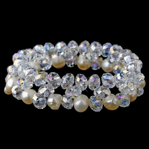 Clear Aurora Borealis & Pearl Bridal Wedding Bracelet 8519 Silver Ivory Aurora Borealis