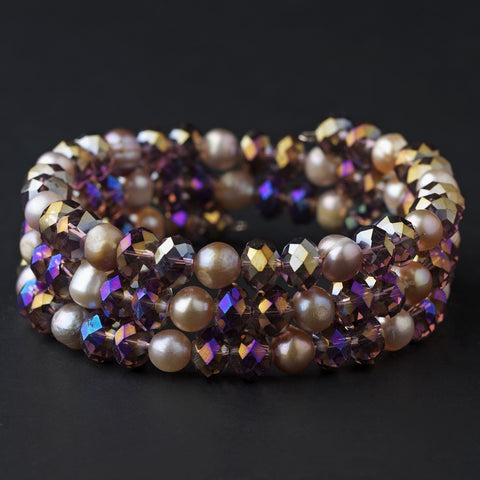 Amethyst Aurora Borealis Crystals & Pink Pearls Wrap Bridal Wedding Bracelet 8520
