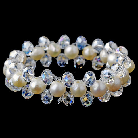 Elegant Ivory Pearls & Aurora Borealis Crystal Bridal Wedding Bracelet 8523
