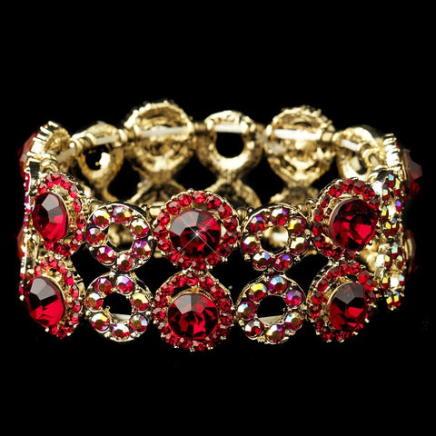 Gold Red & AB Crystal Bridal Wedding Stretch Bridal Wedding Bracelet 8658