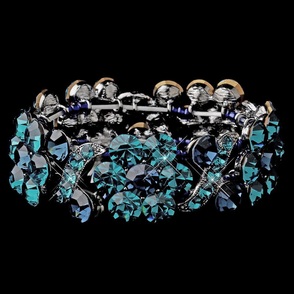 Hematite Turquoise Blue Flower Vogue Crystal Rhinestone Stretch Bridal Wedding Bracelet 8661