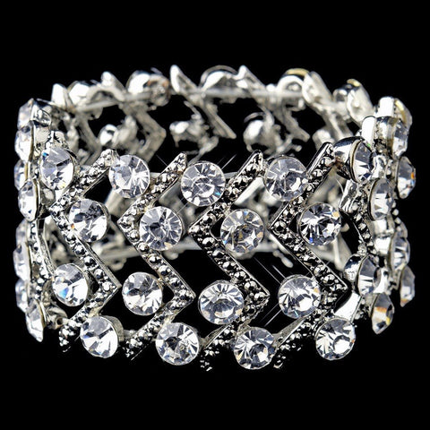 Silver Clear Crystal Stretch Cuff Bridal Wedding Bracelet 8691