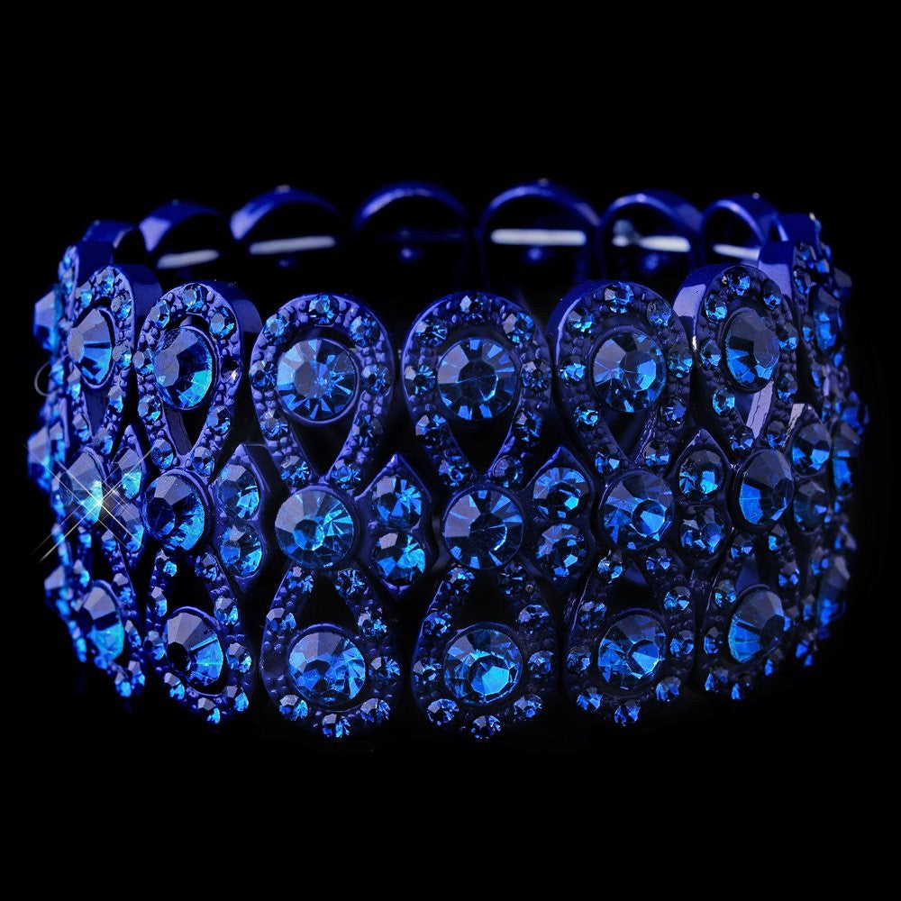 Glitzy Blue Bowtie Stretch Bridal Wedding Bracelet w/ Blue Crystals 8699