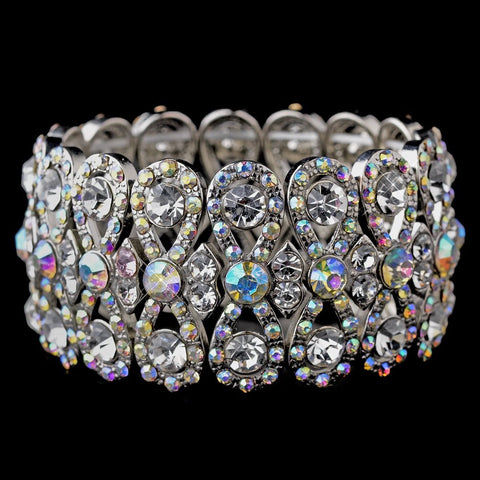 Glitzy Antique Silver Bowtie Stretch Bridal Wedding Bracelet w/ Clear & Aurora Borealis Crystals 8699