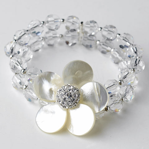 Silver Freshwater Coin Mother of the Pearl, Swarovski Crystal Bead & Rhinestone Flower Stretch Bridal Wedding Bracelet 8700