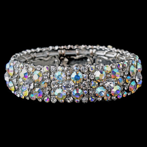 Sparkling Antique Silver Stretch Bridal Wedding Bracelet w/ Clear & Aurora Borealis Crystals 8703