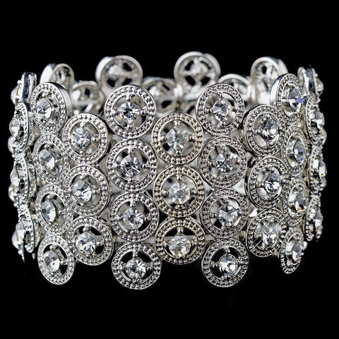 Striking Antique Silver Stretch Cuff Bridal Wedding Bracelet w/ Clear Crystals 8704