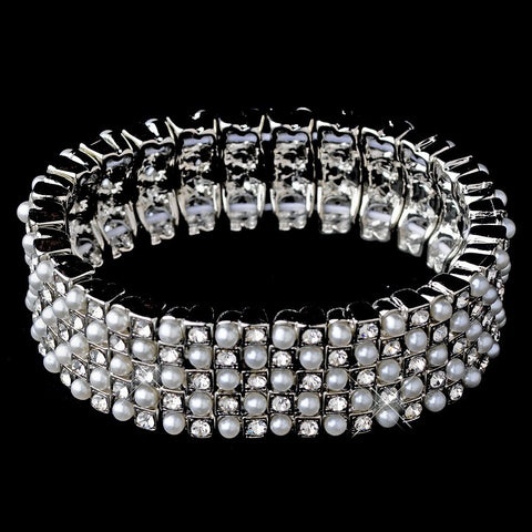 Stunning White Pearl & Clear Rhinestone Stretch Bridal Wedding Bracelet 8710