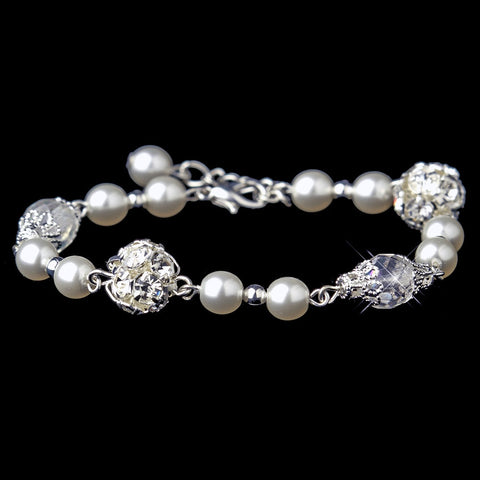 Ivory Glass Pearl with Clear & Rhinestone Ball Linked Bridal Wedding Clasp Bridal Wedding Bracelet 8744