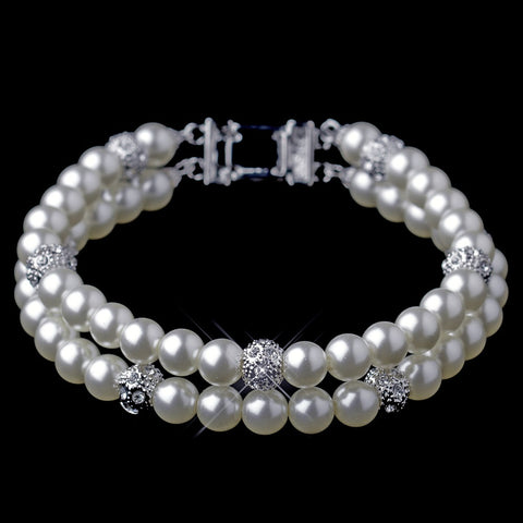 Silver Diamond White Pearl & Pave Ball Bridal Wedding Bracelet 8760