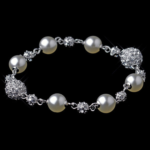 Silver Diamond White Pearl & Rhinestone Bridal Wedding Bracelet 8767
