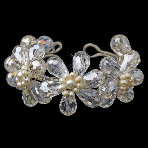 Silver Freshwater Pearl & Swarovski Crystal Bead Flower Bridal Wedding Bracelet 8768